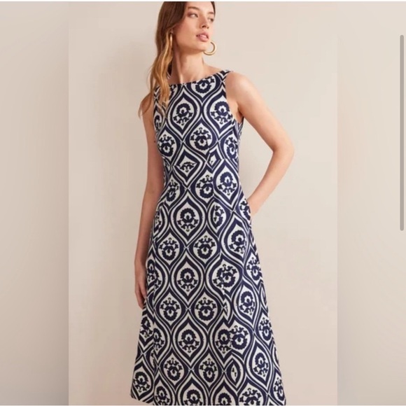 Boden Slash Neck Midi Dress Navy Geo Cascade Size 6R - Picture 2 of 6